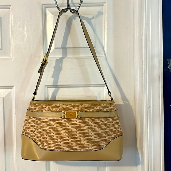 NWOT Etienne Aigner Brown Leather and Wicker Two Side Pockets Zippered Handbag - Picture 2 of 13